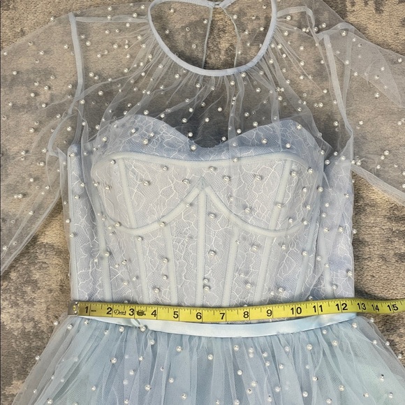 New Mac Duggal Sample Fit Flare Mini Corset Dress Light Blue Pearl Accent Sz 2 - Picture 10 of 14
